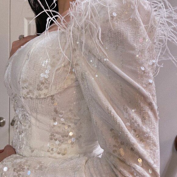 White Mini Dress with Feather and sequin details - Picture 5 of 5